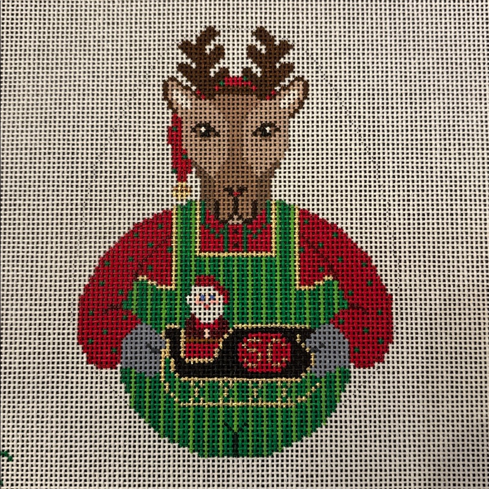 Reindeer Handpainted Needlepoint Canvas 18 mesh Santa Sleigh Christmas ornament